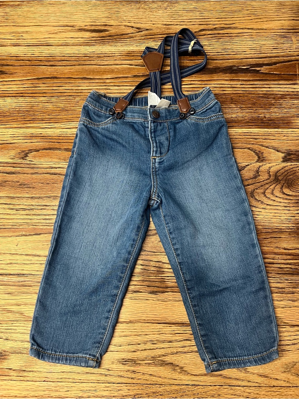 OshKosh B'gosh Blue Denim Overalls with Navy Striped Suspenders